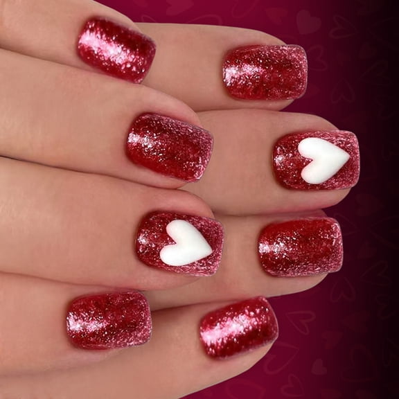 Zeiwohndc 24Pcs Glitters Fake Nail Short Square Valentine Design Pink Blush Heart Flame Art