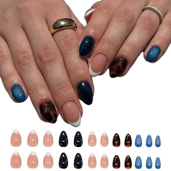 Zeiwohndc 24Pieces Ombres False Nail Darks Blue Tortoise Design ABS Matte Finish Nail