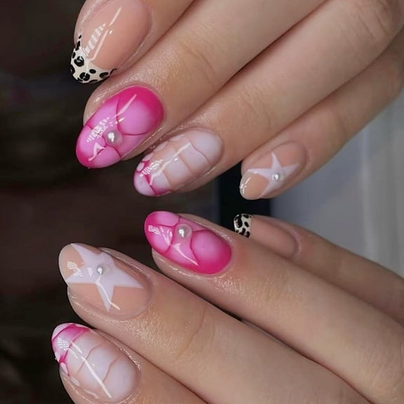 Zeiwohndc 24Pieces Star Flower Pearls Embellished Leopard Ombres Glossy Fake Nail