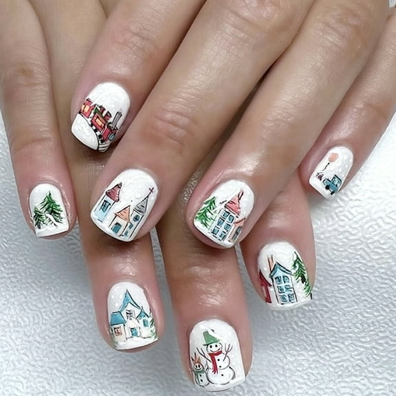 Zeiwohndc 24Pieces White Press On Nail Holiday Snowman Artwork Shimmering Blue Red Floral Party Wear
