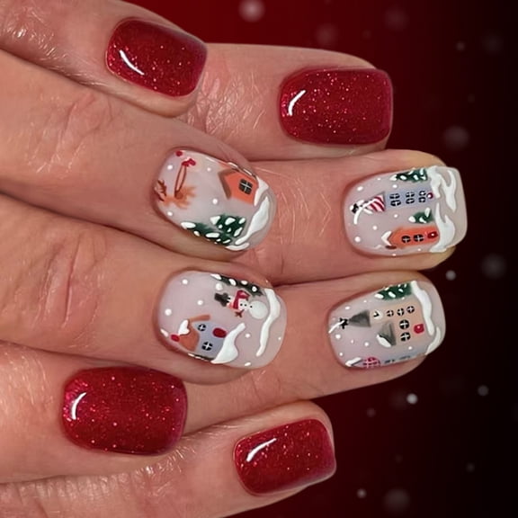 Zeiwohndc 24Pieces Winter Press On Nail Snowman Glitters Design Easy Applications