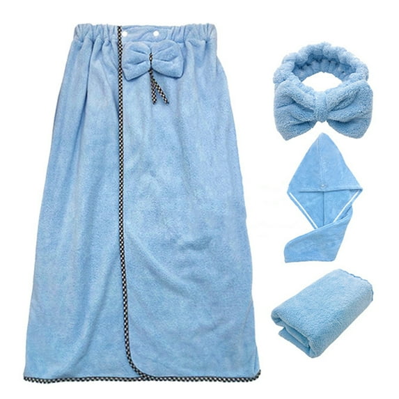 Zeiwohndc 4Pcs/Set Women Wearable Bath Wrap with Towel Headband Hair Dry Cap Sweet Bow Microfiber Coral Velvet Bathrobe Blanket Nightgown for Home Hotel Beach Pool