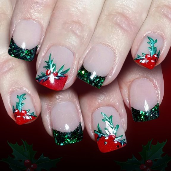 Zeiwohndc ABS Christmas Press On Nail 24Pieces French Glitters Green Leaf Patterns