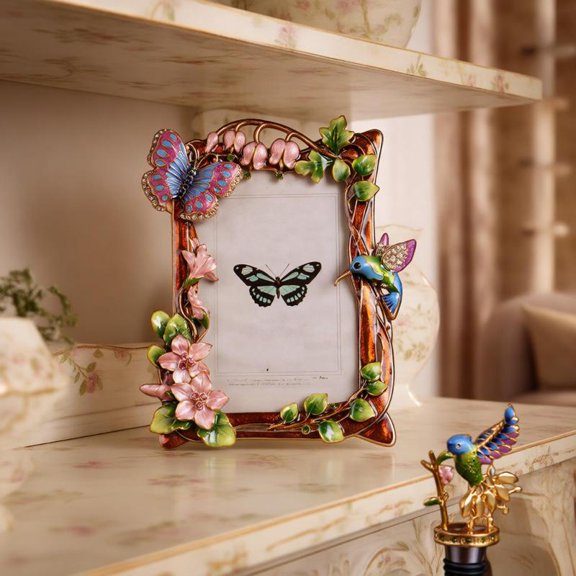 Zeiwohndc Antique Enamel Floral Bird Photo Frame With Rhinestones Accent Tabletop Decors