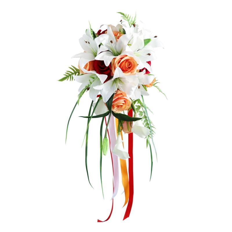 Zeiwohndc Artificial Lily Cascading Bridal Bouquet with Green Leaves Satin Ribbon Handle Water Drop Style Waterfalls Rose Wedding Holding Flower Party Photo Props