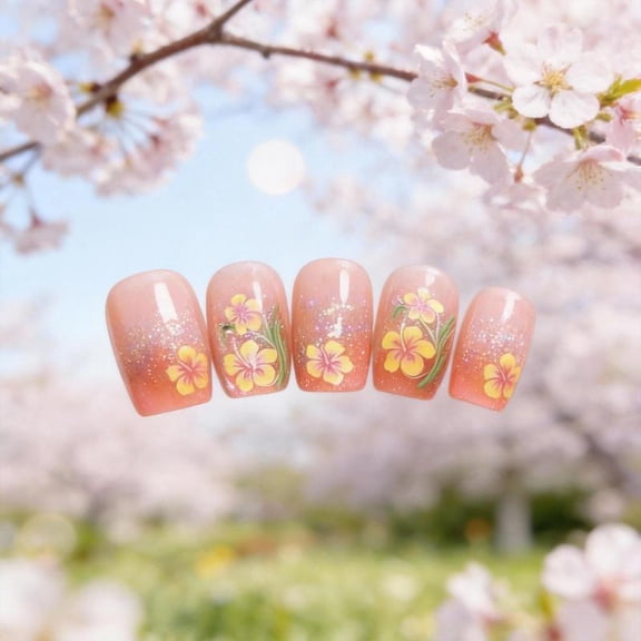 Zeiwohndc Artificial Nail Spring Summer Gradient Shimmering Flower Short Press On Nail