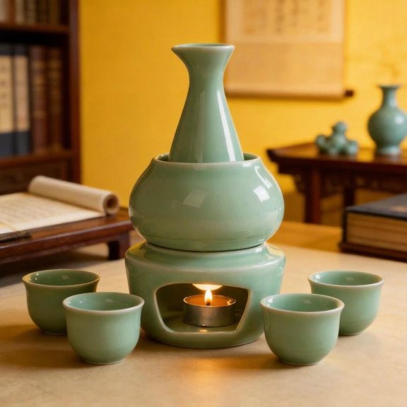 Zeiwohndc Ceramic Sake Set With Candle Stove Bottle 4 Cups Warming Bowl Set Serving Gift