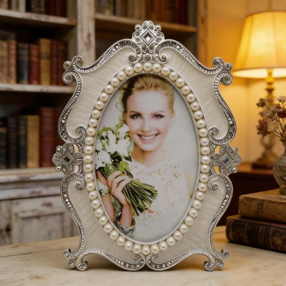 Zeiwohndc Classical Oval Metal Photo Frame With Pearls Accent Wedding Annversary Gift