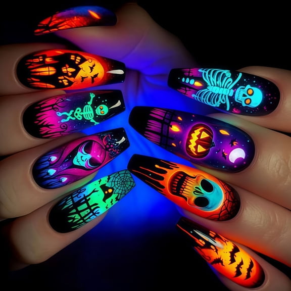 Zeiwohndc Coffin Style Halloween Press-On Nail 24 Pcs with Skeletons & Pumpkins