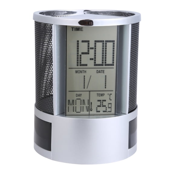 Zeiwohndc Digital LCD Desk ALarm Clock & Mesh Rulers Pen Pencil Holder for Time Temp Calen