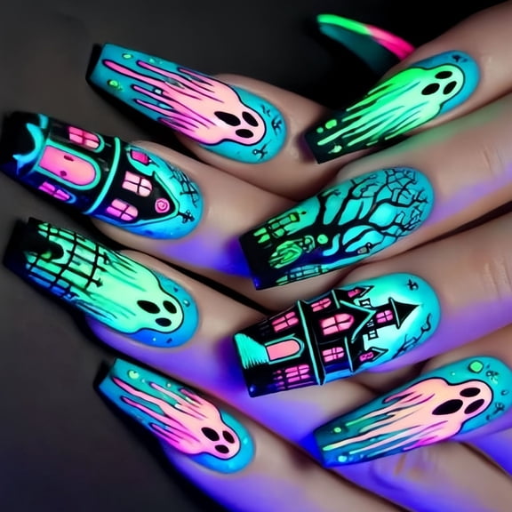 Zeiwohndc Easy Apply Halloween Fake Nail 24Pcs Blue Spiders Web Ghosted Design 24pcs