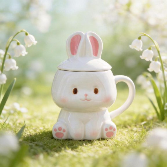 Zeiwohndc Elegant Rabbit Ears Lid Ceramic Mug 350ml Coffee Cup for Home Offices Use