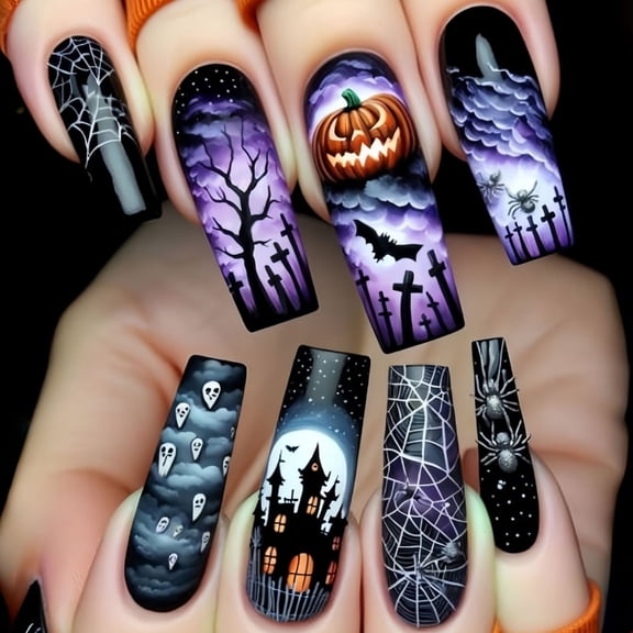 Zeiwohndc Halloween Purple Pumpkin Ballet Length Fake Nail With Ghostly Web Design