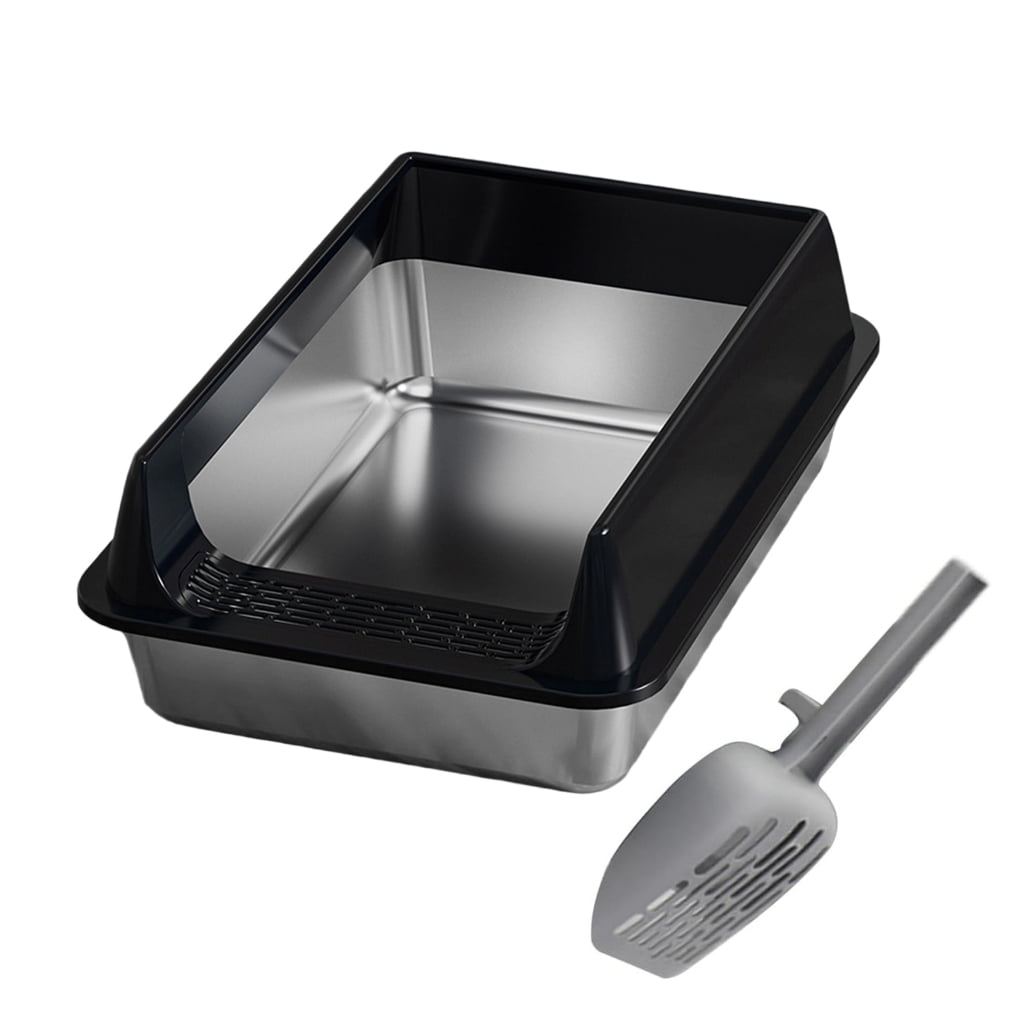 Zeiwohndc Low Entry Stainless Steel Pet Cats Litter Box Half Enclosed Litter Container