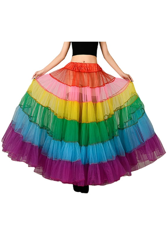Multicolored Rainbow A-Line Maxi Tutu Skirt Pleated Floor Length Mesh Petticoat