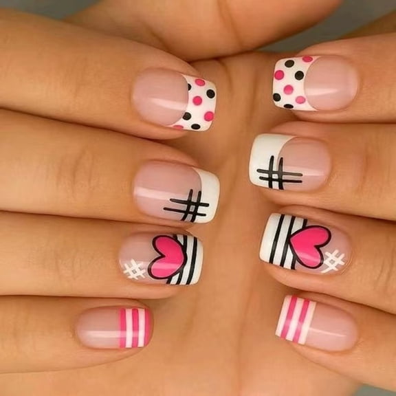 Zeiwohndc Press On Nail Short Square Shape Pink White Black for Valentines Day Gift
