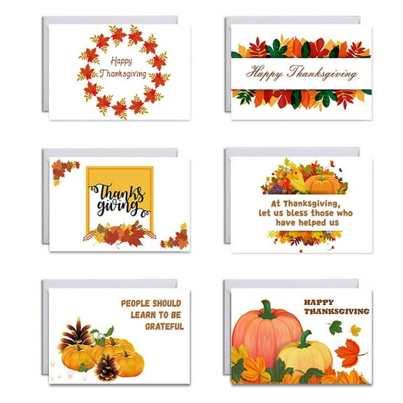 Zeiwohndc Set of 6 Happy Thanksgiving Day Cards with Envelopes Stickers Pumpkin Maple Leaf Greeting Card for Fall Harvest Celebration Thank You Postcards