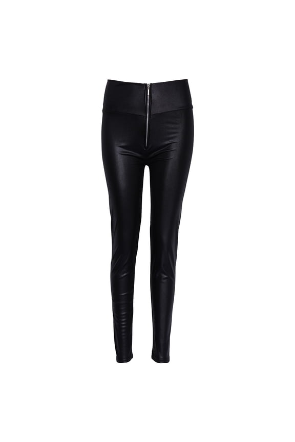 Women High Waisted Zipper Pencil Pants Black Faux Leather Legging with Zipper