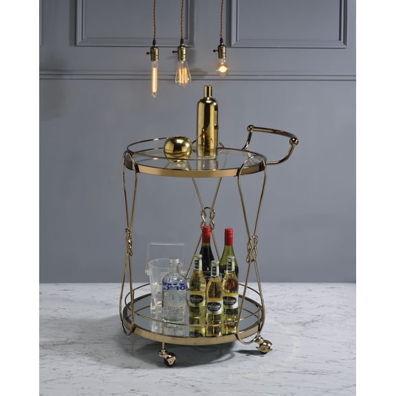 Zekera Champagne Finish Round Serving Cart with 2 Open Compartments, Clear Tempered Glass Top & Mirrored Shelf, Metal Frame, Caster Wheels - Perfect for Kitchen, Bar, or Living Room Decor