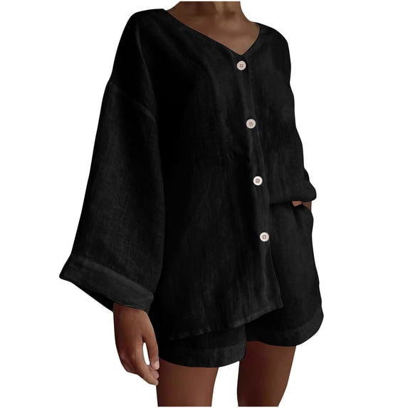 Zekutng 2 Piece Sets for Women Solid Color Cotton Linen Shirt Shorts Casual Set Short Sleeved V-Neck Top/Shirt Set,Sizes M-3XL
