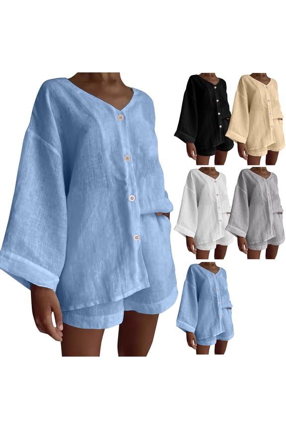 2 Piece Sets for Women Solid Color Cotton Linen Shirt Shorts Casual Set Short Sleeved V-Neck Top/Shirt Set,Sizes M-3XL