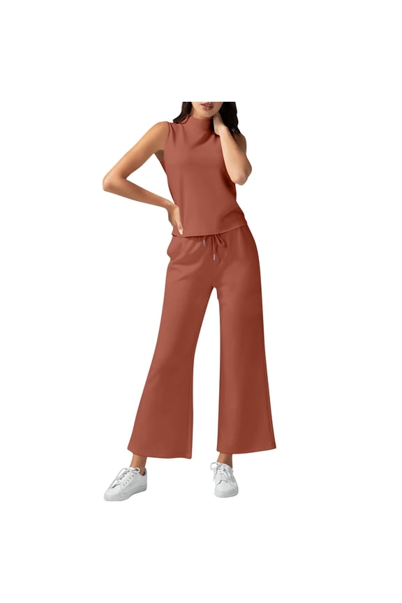 2 Piece Sets for Women Temperament Solid Color High Neck 2-Piece Set Wide Leg Pants Casual Suit,Sizes XS-2XL
