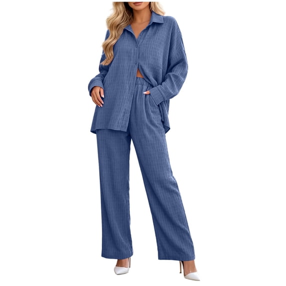Zekutng 2 Piece Sets for Women Textured Button Down Shirt Wide Leg Pant 2-Piece Linen Co-ord Set,Sizes S-2XL