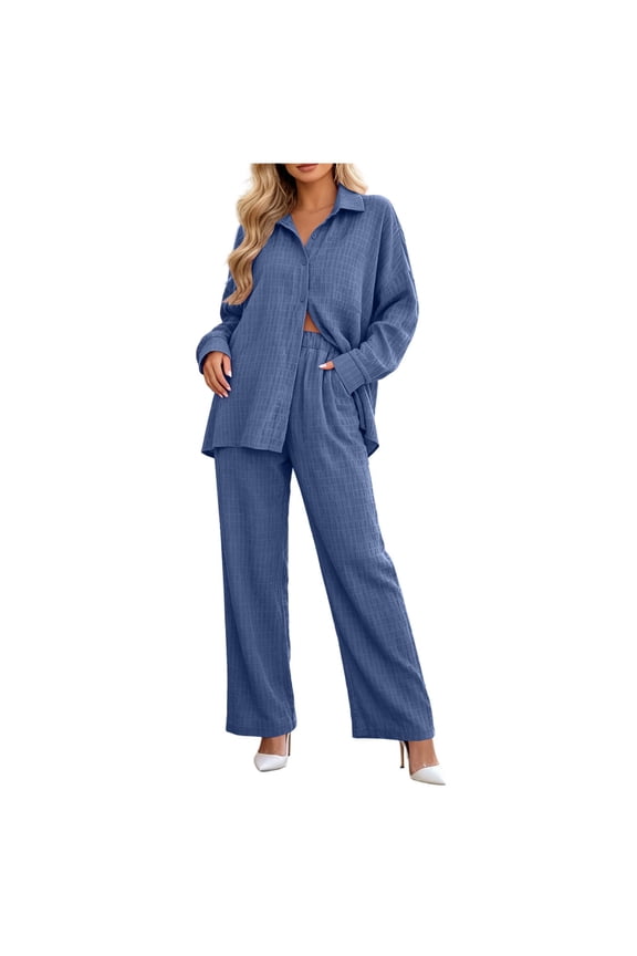 2 Piece Sets for Women Textured Button Down Shirt Wide Leg Pant 2-Piece Linen Co-ord Set,Sizes S-2XL