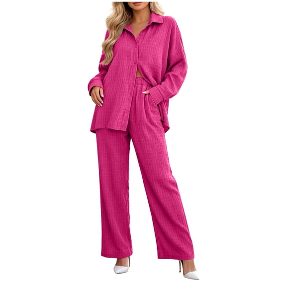 Zekutng 2 Piece Sets for Women Textured Button Down Shirt Wide Leg Pant 2-Piece Linen Co-ord Set,Sizes S-2XL