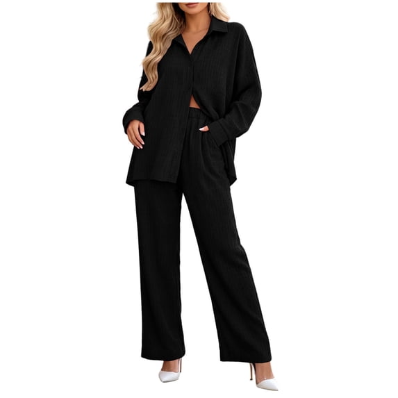 Zekutng 2 Piece Sets for Women Textured Button Down Shirt Wide Leg Pant 2-Piece Linen Co-ord Set,Sizes S-2XL