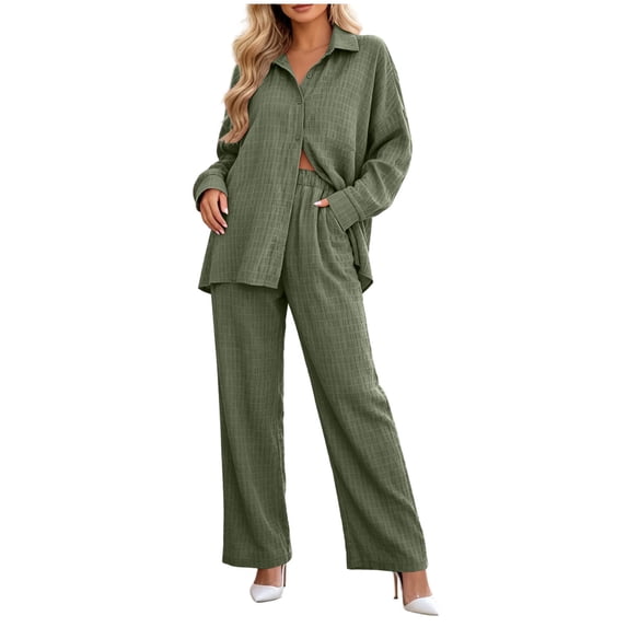 Zekutng 2 Piece Sets for Women Textured Button Down Shirt Wide Leg Pant 2-Piece Linen Co-ord Set,Sizes S-2XL