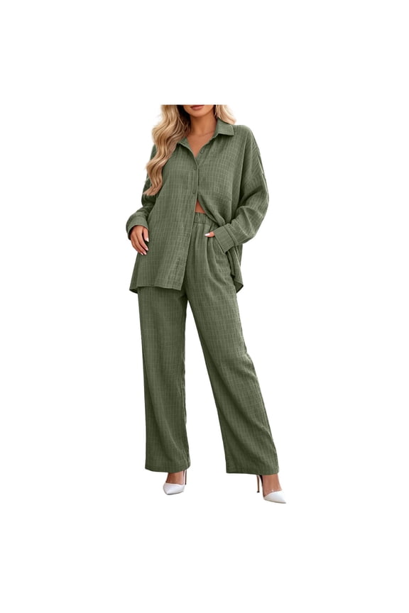 2 Piece Sets for Women Textured Button Down Shirt Wide Leg Pant 2-Piece Linen Co-ord Set,Sizes S-2XL