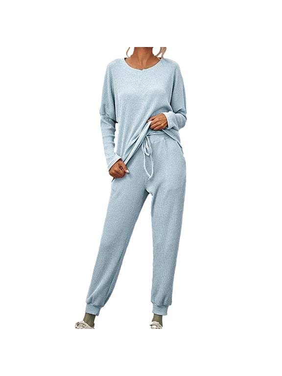 2 Piece Sets for Women V Neck Waffle Knit Top Drawstring Jogger Pant 2-Piece Loungewear Set,Sizes S-5XL