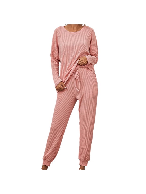 2 Piece Sets for Women V Neck Waffle Knit Top Drawstring Jogger Pant 2-Piece Loungewear Set,Sizes S-5XL