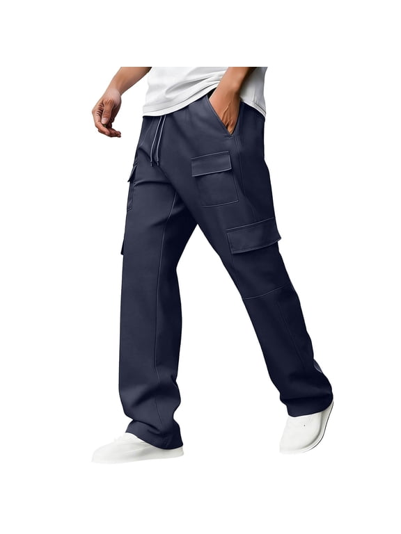 Cargo Pants for Men Dual Layer Patch Pocket Drawstring Loose Wide Leg Wrinkle Free Pants,Sizes S-3XL