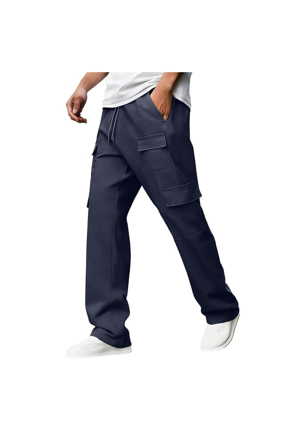 Cargo Pants for Men Dual Layer Patch Pocket Drawstring Loose Wide Leg Wrinkle Free Pants,Sizes S-3XL