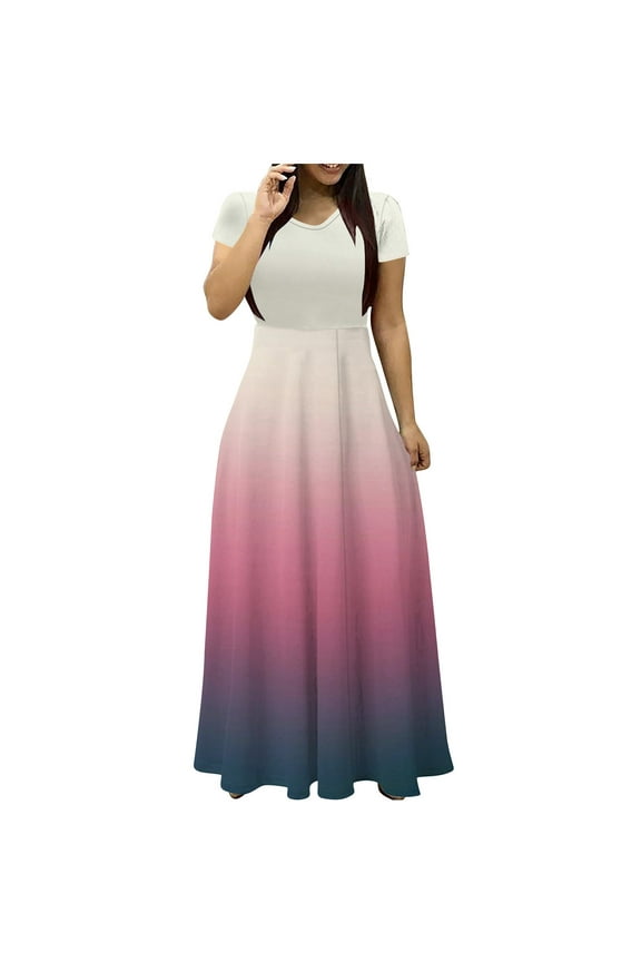 Dresses for Women Gradient Printed Short Sleeved Round-Neck Waistband Long Ankle Dress,Sizes S-2XL