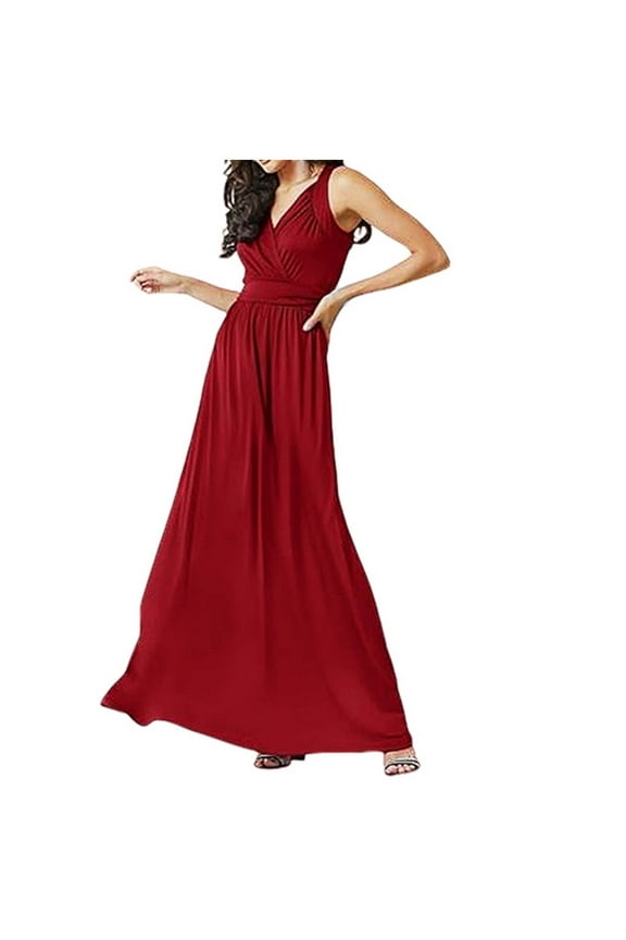 Dresses for Women Summer Classic Solid V-Neck Sleeveless Waist Wrapped Evening Dress,Sizes S-3XL
