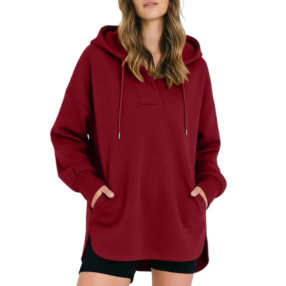Zekutng Hoodies for Women V‑Notch Drawstring Pullover Hooded Sweatshirt Drop Shoulder Oversized Loose Casual Winter Outfits with Pockets, Sizes S-3XL