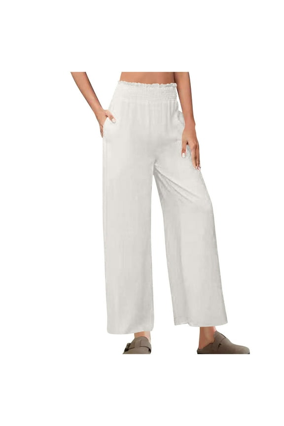 Linen Pants Women Casual Solid Color Flower Bud Waist Strap Pants,Sizes S-3XL