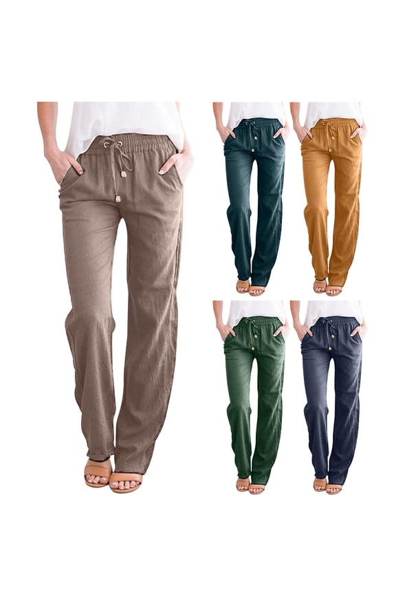 Linen Pants Women Cotton Linen Loose Drawcord Casual Wide Leg Trousers,Sizes S-3XL