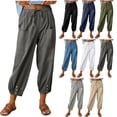 thumbnail image 1 of Zekutng Linen Pants for Women Elasticated Cuffs Decorative Buttons Two Front Pockets Drawstring Waist,Sizes S-3XL, 1 of 7