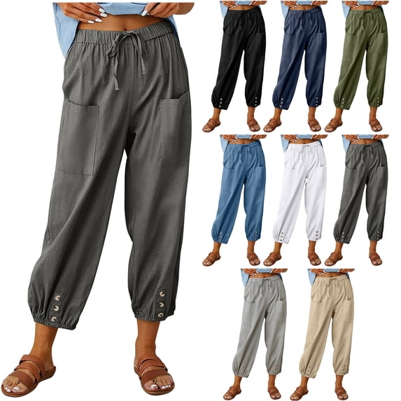 Zekutng Linen Pants for Women Elasticated Cuffs Decorative Buttons Two Front Pockets Drawstring Waist,Sizes S-3XL