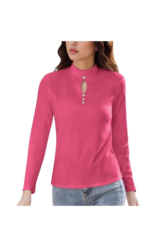 Long Sleeve Shirts for Women Reversible Fleece Base Layer with Button and Lace-Up Details, Long-Sleeve Mid-Neck Top,Sizes M-3XL
