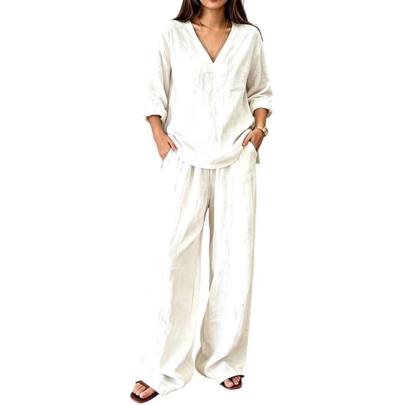 Zekutng Lounge Sets for Women Loose V-Neck Roll-up Sleeve Linen-Blend Shirt & Elastic Waist Wide Leg Pant Matching Set,Sizes S-3XL
