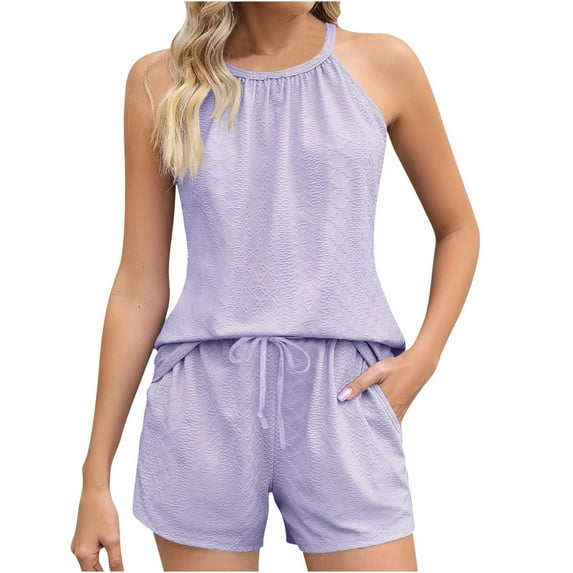 Zekutng Lounge Sets for Women Summer Casual Shorts Outfits Hanging Square Neck Collar Sleeveless Clothes Vacation Beachwear,Sizes S-2XL