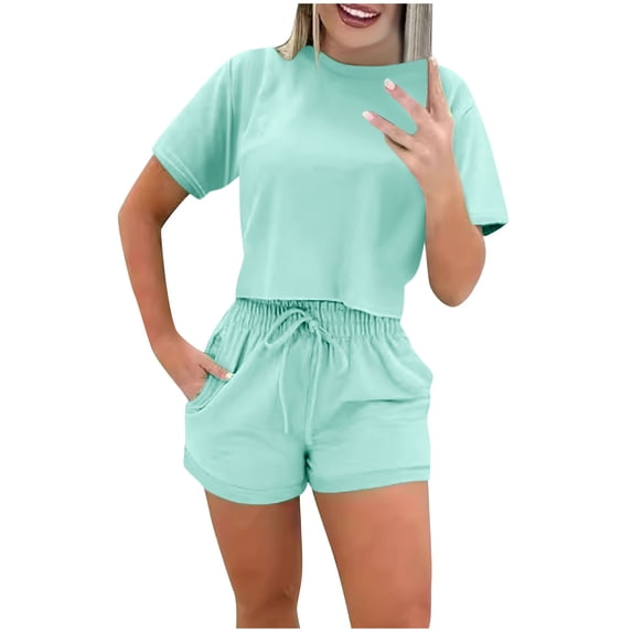 Zekutng Lounge Sets for Women Summer Casual Solid Color Short Sleeved Shorts Two-Piece Set,Sizes S-3XL