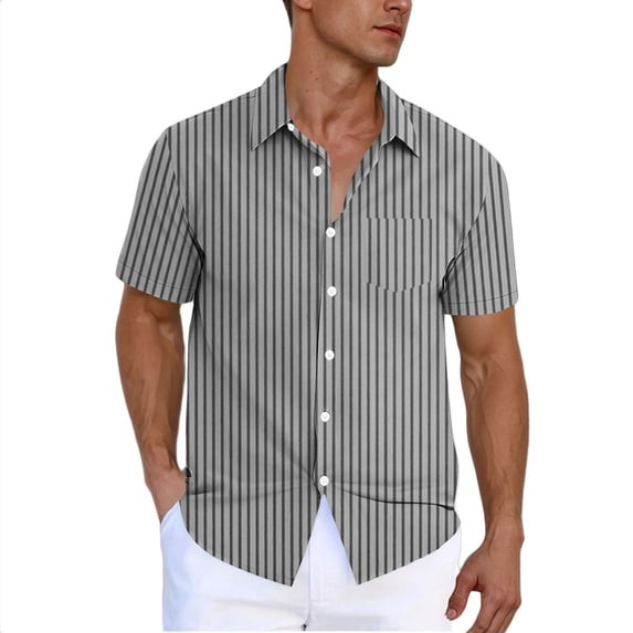 Zekutng Men's T-Shirts Vertical Striped Casual Short-Sleeve Shirt with Pockets, Button-Down Collar,Sizes M-4XL