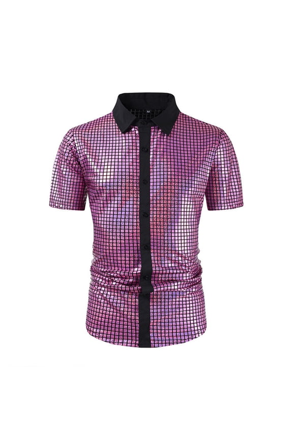 Mens Shirts Prom Sequin Short-Sleeve Shirt with Button-Down Collar,Sizes S-2XL