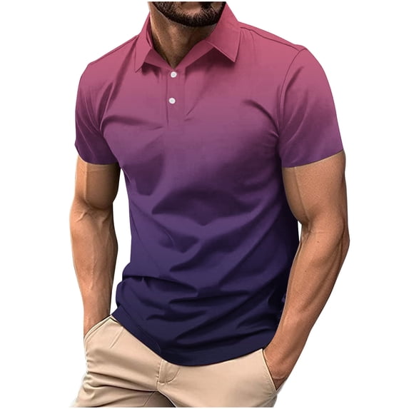 Zekutng Mens Shirts Short-Sleeve T-Shirt with Collar, Buttons, and Gradient Print,Sizes S-4XL